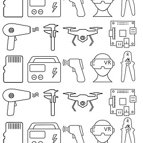 Icons Heißluftföhn, Schieberlehre, Drohne, SD-Karte, Akku, Infrarotgerät, VR-Brille, Zange und Raspberry-Pi